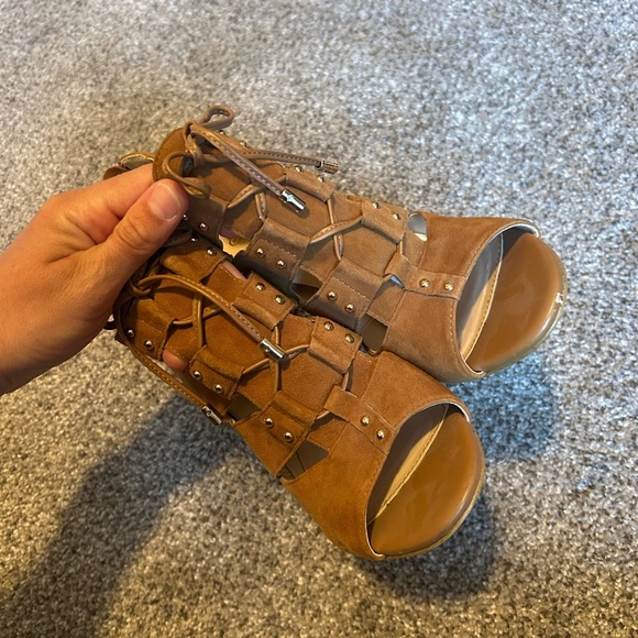 Isola Brown suede Lace-Up open toed Women's stiletto heels with gold accent - Picture 3 of 10